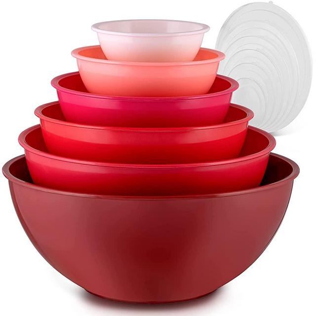 Zulay Kitchen 12 Piece Plastic Mixing Bowls With Lids Set - Colorful Mixing Bowls For Kitchen - Nesting Plastic Mixing Bowl Set With 6 Prep Bowls and 6 Lids - Microwave and Freezer Safe (Red Ombre)