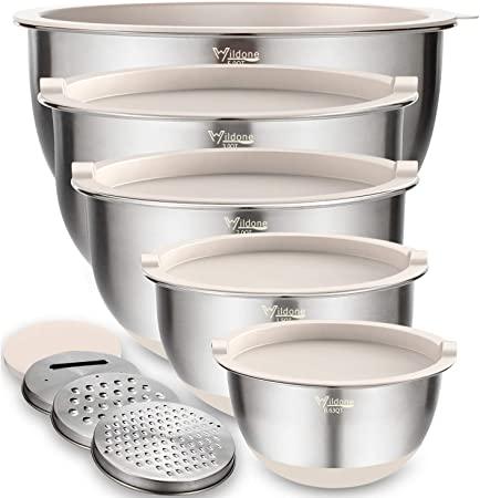 Mixing Bowls Set of 5, Wildone Stainless Steel Nesting Bowls with Khaki Lids, 3 Grater Attachments, Measurement Marks & Non-Slip Bottoms, Size 5, 3, 2, 1.5, 0.63 QT, Great for Mixing & Serving