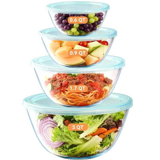 YUANYE 4 Pack Glass Mixing Bowls with Lids Set (3/1.7/0.9/0.6QT),Thick Glass Large Salad Bowl Set, Nesting Kitchen Bowls for Serving, Prepping, Cooking and Baking, Dishwasher, Oven,Microwave Safe