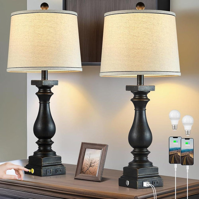 MOUVOVO 28" Tall Farmhouse Table Lamps Set of 2 with USB C+A Ports and AC Outlet, 3 Way Touch Control Rustic Bedside Lamp for Bedroom, Black Vintage Nightstand Lamp for Living Room Office