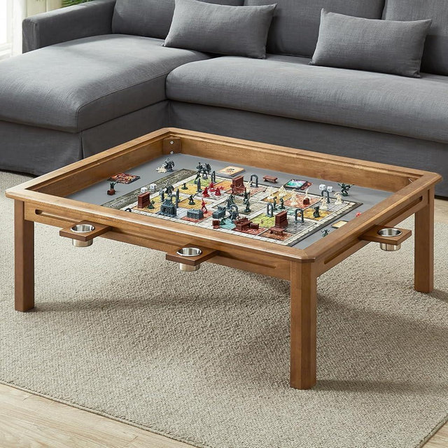 Board Game Coffee Table with Removable Table Top, Seats 4 Players with 3ft-7in x 2ft-9in Play Area, Includes Play Mat and Detachable Cup Holders, Minimal Assembly Required