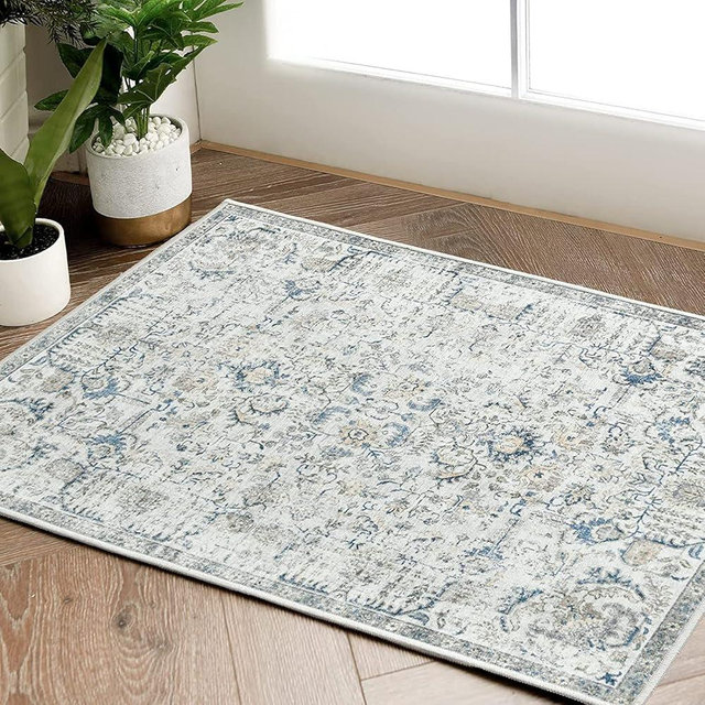 jinchan Area Rug 2x3 Washable Rug Entryway Rug Door Mat Vintage Indoor Entrance Thin Rug Retro Distressed Carpet Blue Multi Floral Print Country Boho Rug Non Slip Doormat Bathroom Kitchen Bedroom