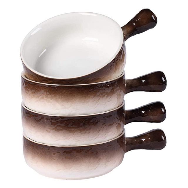 Hoxierence 21Oz French Onion Soup Bowls, Ceramic Gradient Stone Embossed Pattern Soup Crocks with Single Handle for Chowder, Beef Stew, Chili, Oatmeal - Set of 4 (Brown)