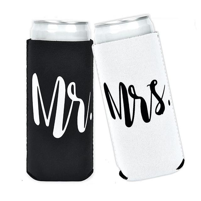 Mr. & Mrs. Slim Can Cooler Sleeves, 12oz Skinny Blank Neoprene Beer Can Cooler, Soft Insulated Reusable DIY Personalized Sleeve for Water Bottle Soda, for Parties Weddings Events (Mr. & Mrs, 2)