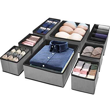 Puricon (8 Set) Clothes Organizers Dresser Drawer Organization, Foldable Closet Organizer Underwear Basket Cubes Containers for Storing Bras, Baby Clothing, T Shirt, Socks, Scarves, Ties -Grey