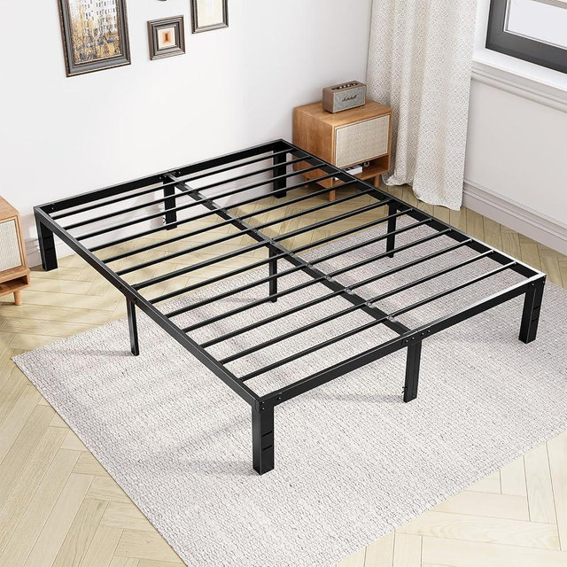 DUMOS Queen Size Bed Frame - Metal Platform Bed Frames Mattress Foundation with Steel Slat Support, No Box Spring Needed, Storage Space Under Base, Easy Assembly, Black