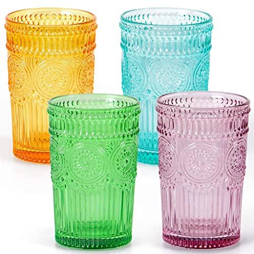 MDLUU Colored Glassware, Embossed Water Glasses, Multicolor Drinking Glasses, Colored Tumblers Glass, Capacity 12oz/345ml, Set of 4
