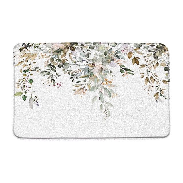 Green Leaves Bath Mat Watercolor Floral Eucalyptus Leaf Wildflower Botanical Vine Plant Weeping Succulent Natural Decor Rug Absorbent Doormat Kitchen Toilet Floor,Green White