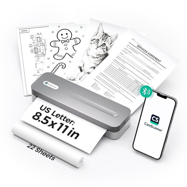CamScanner P1 Pro Ink-Free Thermal Printer, Portable US Letter Size Bluetooth Printer with 1 Roll Paper, for iPhone Android Computer, Home Office Use