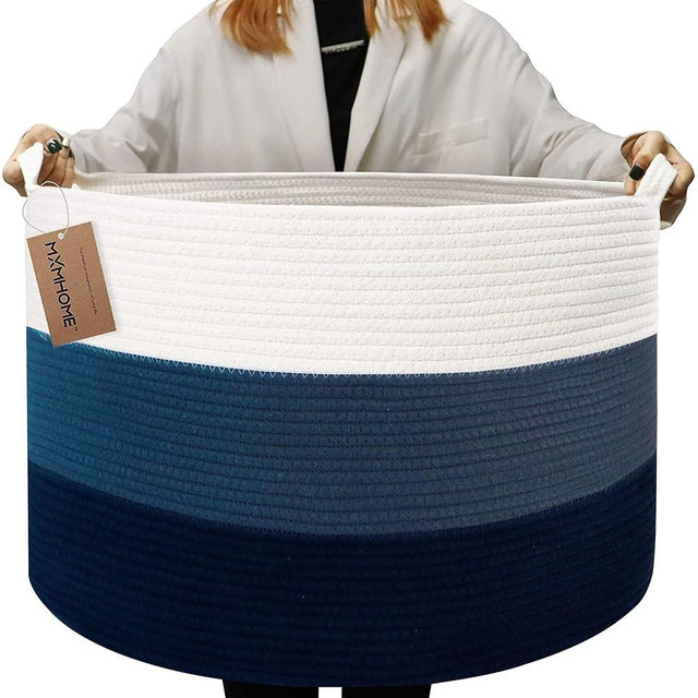 MXMHOME Large Cotton Blanket Basket,22"x22"x14" Rope Basket for Living Room Baby Laundry with Handle Nursery Soft Storage Comforter Cushions Thread Hamper