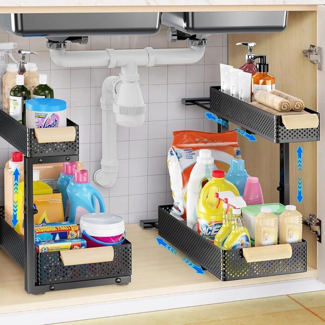 Under Sink Organizers and Storage,2 PACK 5 Height Adjustable Kitchen Cabinet Organizer,2 Tiers Pull Out Drawer Shelves Metal Slide Tray Organizer for Kitchen Bathroom
