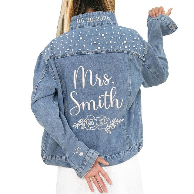 Custom Embroidered Bride Denim Jacket, Future Mrs Jean Jacket With Pearls, Wedding gifts for Bride