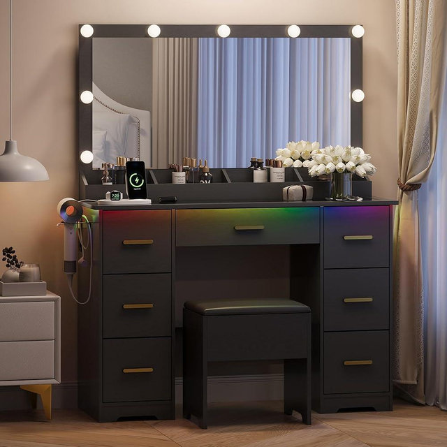 BORNOON Makeup Vanity with Large Lighted Mirror and Chair, 7 Drawers Vanity Makeup Desk Table with Power Strip, Adjustable Lighting, and Cushioned Storage Stool for Women, Girls