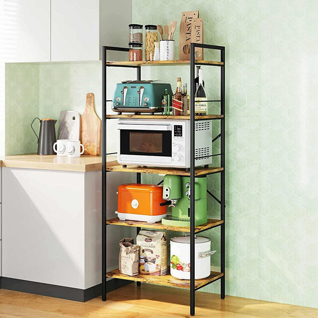 iBune 5-Tier Kitchen Baker's Rack, Heavy Duty Microwave Oven Stand Rack, Free Standing Kitchen Storage Shelf Rack, Rustic Brown, 23.62 L x 15.7 W x 60.28 H inch