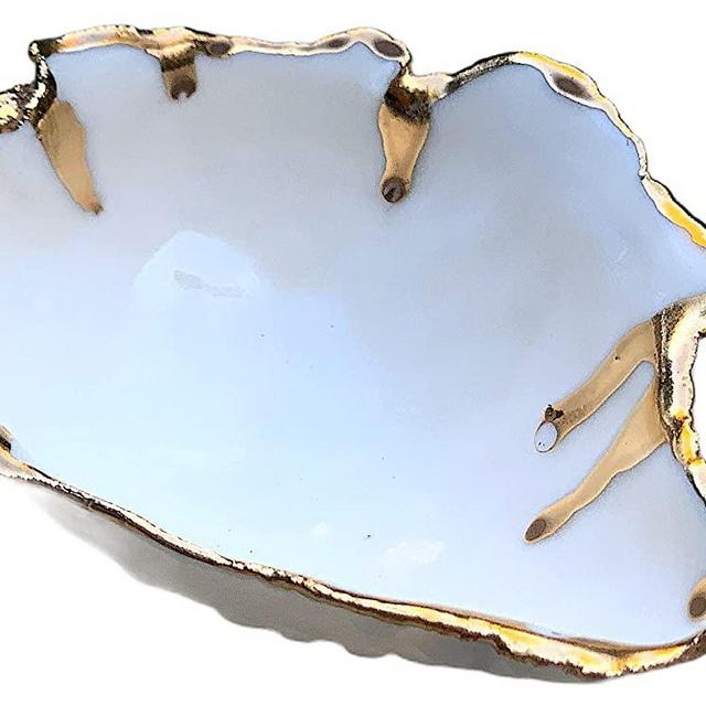 White and Gold Ring Dish, Handmade Ceramic Art Jewelry Bowl -Stock Photo, Please Read Description