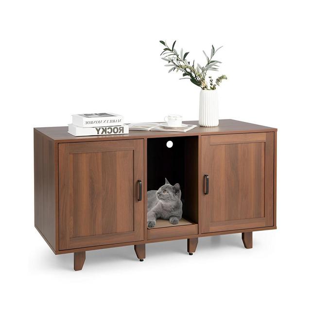 SUGIFT 2 Doors Cat Litter Box Enclosure with Winding Entry and Scratching Board