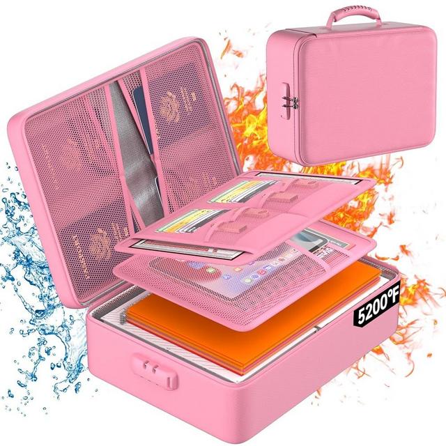DocSafe 5200°F Document Organizer with Lock,Upgraded Heat Insulated Fireproof＆Waterproof Box 8 Layers File Organizer,Portable Home Travel Safe Storage for Important Documents, Files,Pink (Soft)
