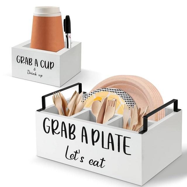 MEMOORIAL Kitchen Utensil Holder, Kitchen Countertop Plate Organizer with Large Cup Holder, Paper Plate Holders, Disposable Dish and Cup Holder Utensil Caddy for Kitchen, Party, BBQ(Set of 2)