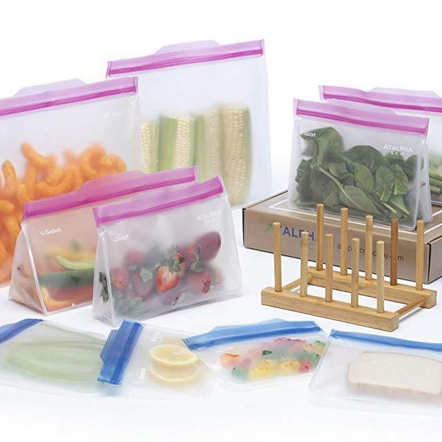 Atalpha NEW Premium Reusable Baggies 10 Pc Set: 6 Stand Up Reusable Storage Bags | 2 Reusable Sandwich Bags | 2 Reusable Snack Bags with Easy Open Tabs PLUS Bamboo Drying Rack | Reusable Ziplock Bags