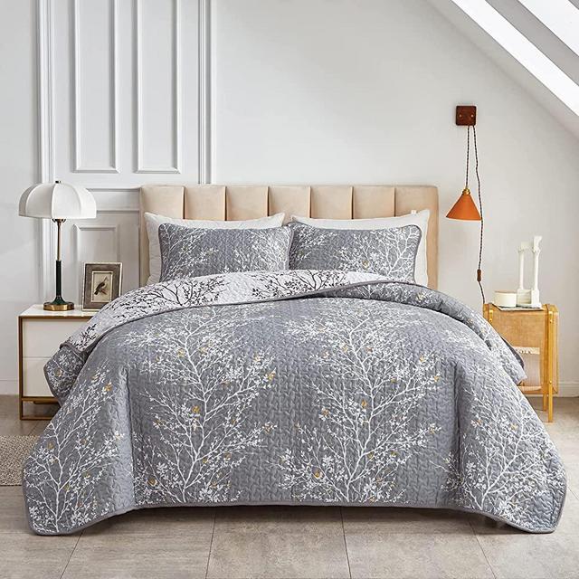 3 Piece Reversible Quilt Set Gray White Branch with Yellow Dots King Size 102x88 Soft Microfiber Lightweight Summer Coverlet Bedspread for All Season (1 Quilt+ 2 Shams)