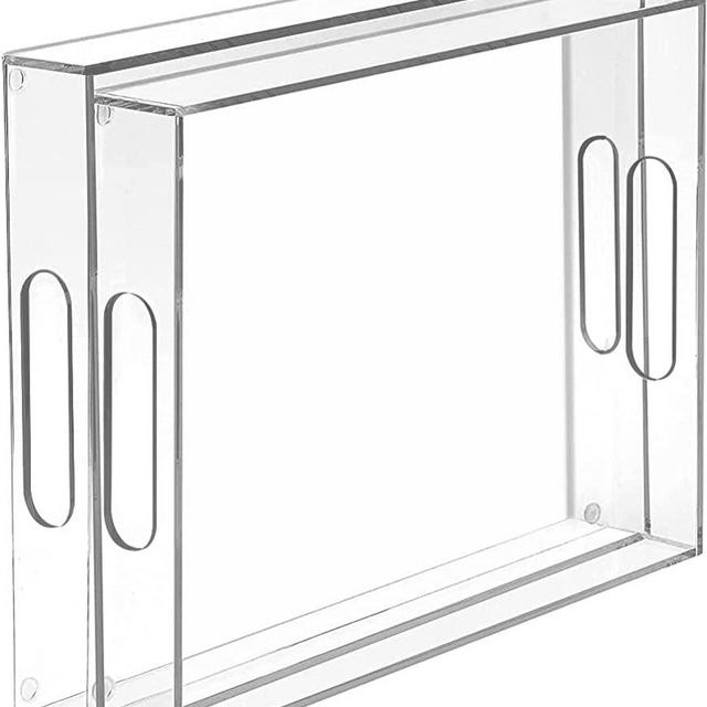 MaxGear Acrylic Decorative Tray Serving Trays with Handles (16 inches, Set of 2), Clear Decorative Tray Coffee Table Nesting Trays Ottoman Tray for Food, Tea, Snacks, Kitchen, Vanity