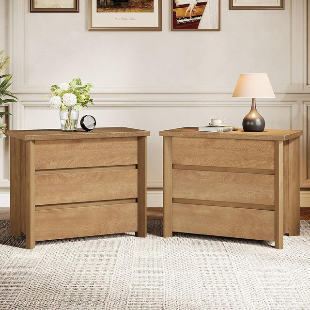 Tribesigns Bedroom Nightstands Set of 2, 31.5-Inch Wide Night Stand with 3 Drawers for Bedroom, Rustic Brown (2PCS)