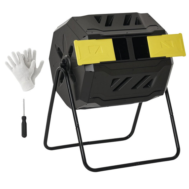 Outsunny Tumbling Compost Bin Outdoor 360° Dual Chamber Rotating Composter 43 Gallon, Yellow