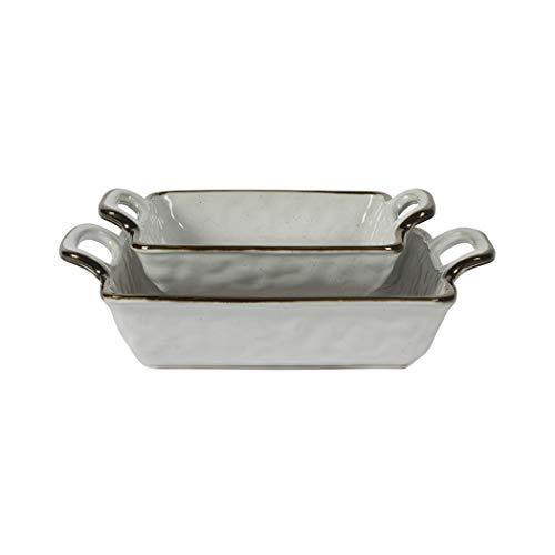 Tabletops Gallery Geneva Serveware Collection- Farmhouse White Brown Stoneware Serving Bowl Platter, 2 Piece Nesting Square Baking Dish Set