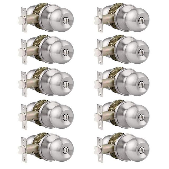 Probrico(10 Pack Bed/Bath Room Round Door Knob,Privacy Function for Bathroom/Bedroom,Interior Door Knobs with Lock Satin Nickel Finish, Keyless(Thumb Turn Lock on The Inside) Door Handles Locks