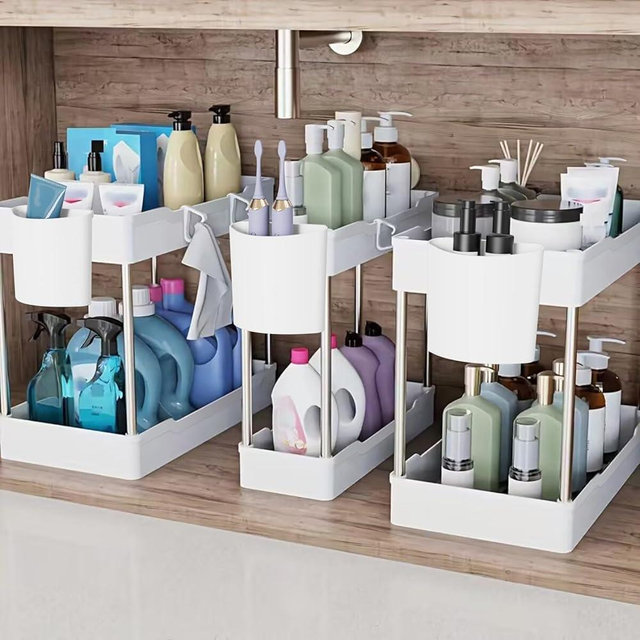 JYSMYWS 3 Pack Under Sink Organizers and Storage, 2 Tier Bathroom Cabinet Organizer Shelf with Hanging Cups for Kitchen & Bathroom (White)