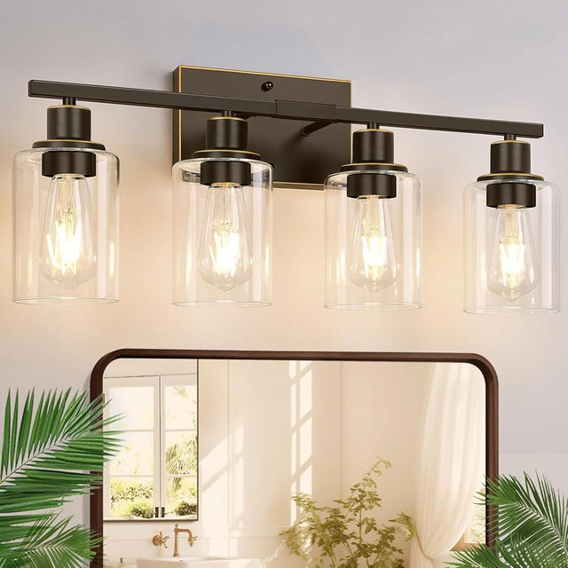 Indoi 4 Light Bathroom Light Fixtures, Oil-Rubbed Bronze Modern Vanity Lights with Clear Glass Shades, Bathroom Wall Lamp for Mirror Living Room Cabinet