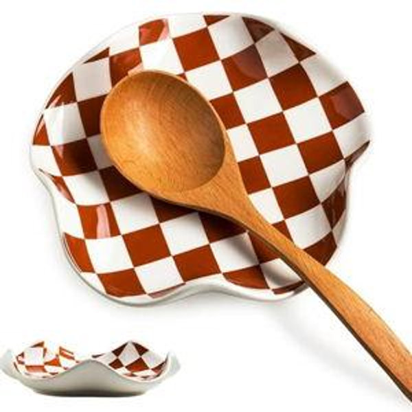 Spoon Rest for Stove Top, Checkered Coffee Spoon Rest, Ceramic Spoon Holder for Kitchen Counter Cooking Utensil Rest - Heat Resistant & Dishwasher Safe, Modern Farmhouse Kitchen DéCor