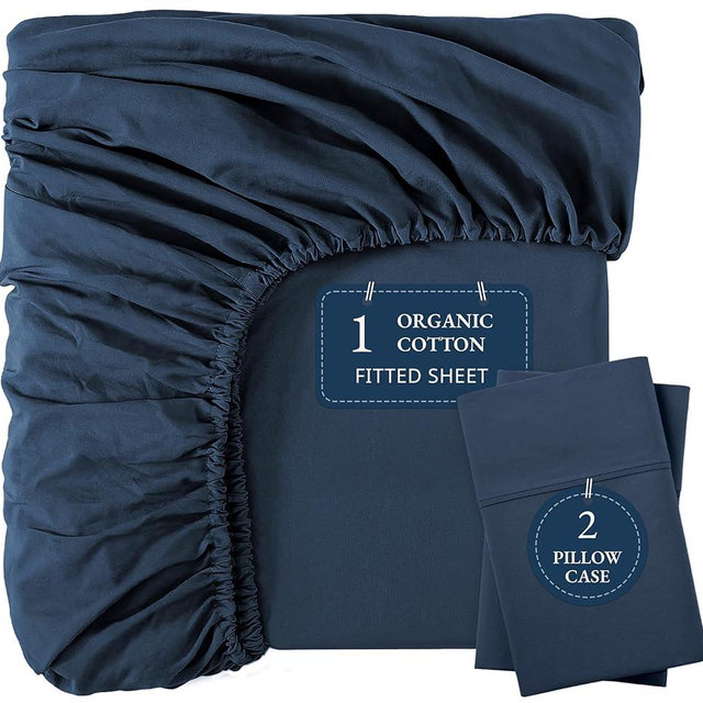 LANE LINEN 100% Organic Queen Size Fitted Sheet(+Pillowcases), Soft & Comfy Fully Elasticized Naturaly Temperature Regulating for Hot Sleepers Deep Pocket Fits Mattress Upto 15"- Estate Blue