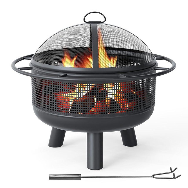 Tangkula Fire Pit for Outside Wood Burning, 24 Inch Heavy-Duty Metal Fire Bowl with Spark Screen, Poker, Log Grate, Portable Outdoor Round Fire Pit for Camping Bonfire Patio Backyard Garden