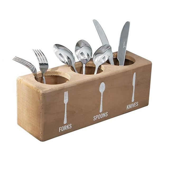 NIKKY HOME Farmhouse 3 Compartment Wood Flatware Caddy Countertop Silverware Holder