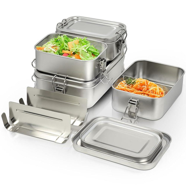LEEPENK 304 Stainless Steel Lunch Box and Food Containers with Lids 4 Pack 1400/850/550/550ml, Leak-Proof and Stackable Stainless Steel Bento Box for Travel and Work Adults