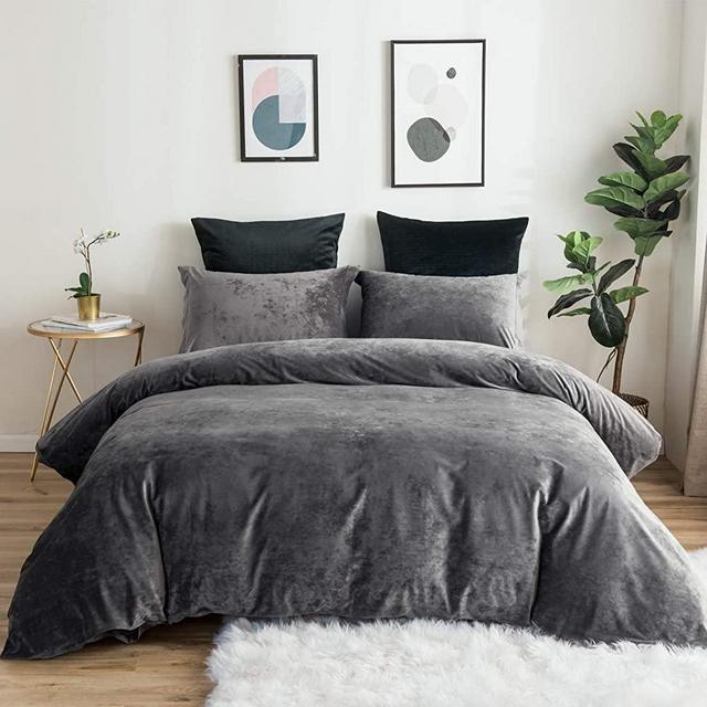 PHF Velvet Duvet Cover Set King Size Solid Soft Comfort Cozy Luxury Fuzzy Home Decoration Bedding Dark Grey