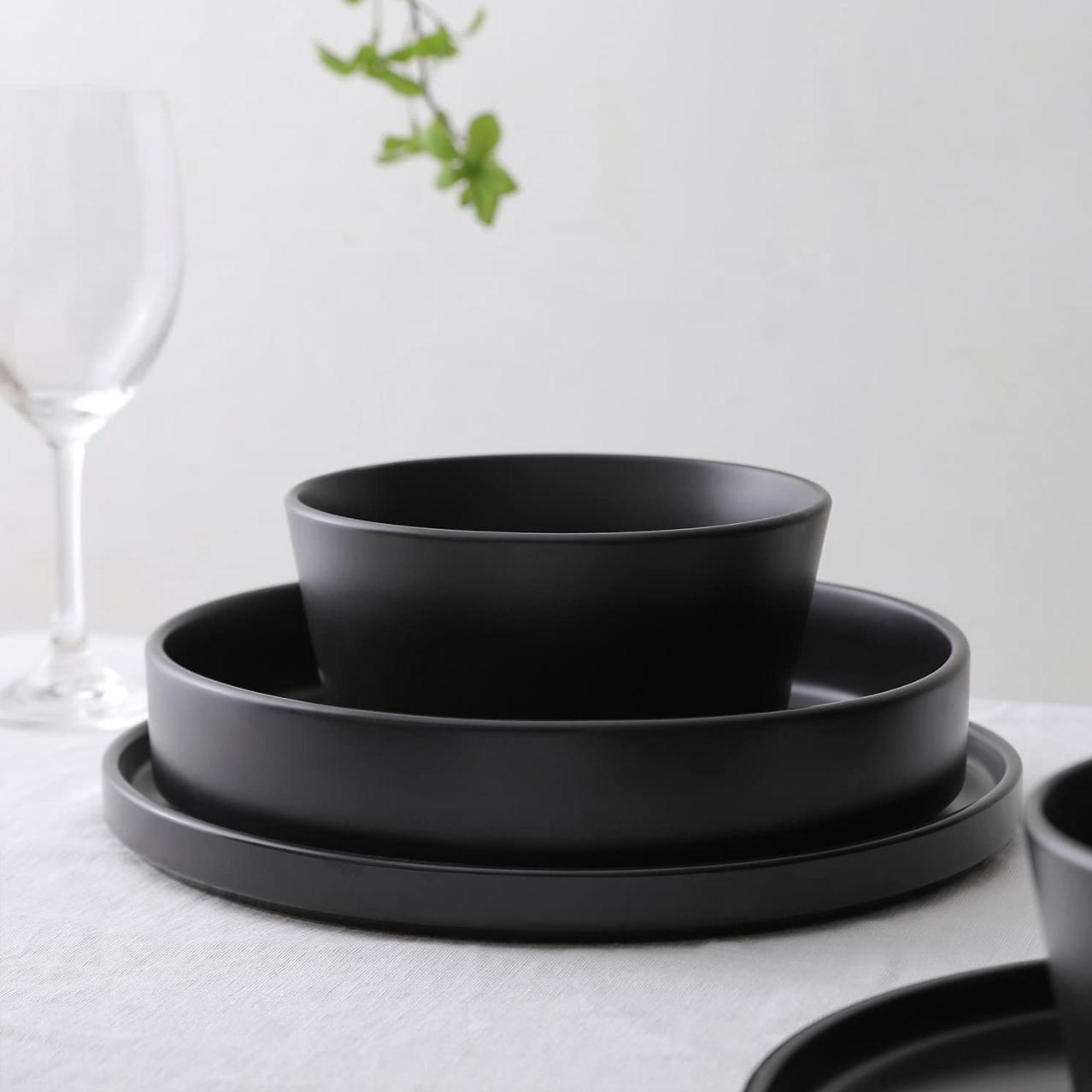 Stone Lain Celina Stoneware 12-Piece Dinnerware Set, 2B, Black, Service For 4, 9-inch Pasta Bowl