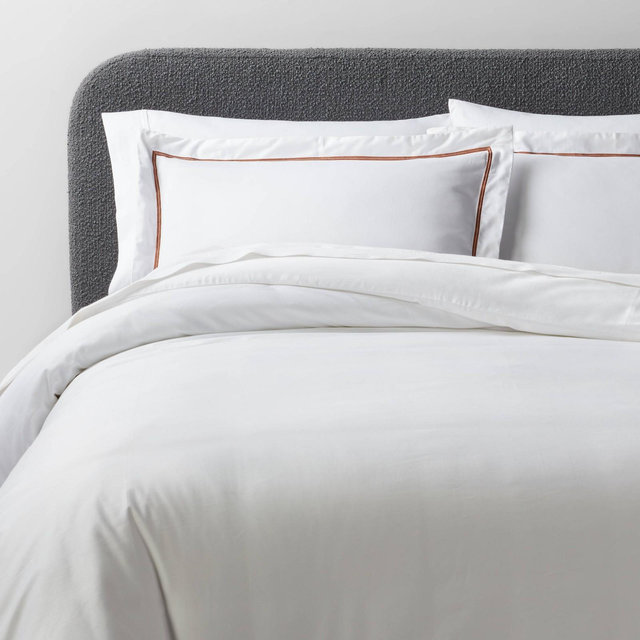 3pc Full/Queen Luxe Embroidered Border Duvet Cover and Sham Set White/Caramel - Threshold™: Cotton Sateen, 300 Thread Count, OEKO-TEX Certified