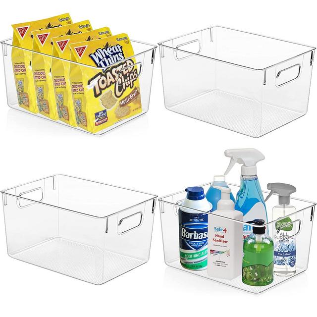 KAZIPA Clear Plastic Storage Bins - Perfect Kitchen Organization and Storage, Pantry Organization and Storage, Fridge Organizer, Refrigerator Organizer, Freezer Organizer, Cabinet Organizer - 4 Pack