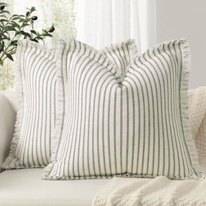 Throw Pillow Covers 20x20 Set of 2 Striped Pillow Covers with Fringe Chic Cotton Decorative Pillows Square Cushion Covers for Sofa Couch Bed Living Room Farmhouse Decor (Olive Green)