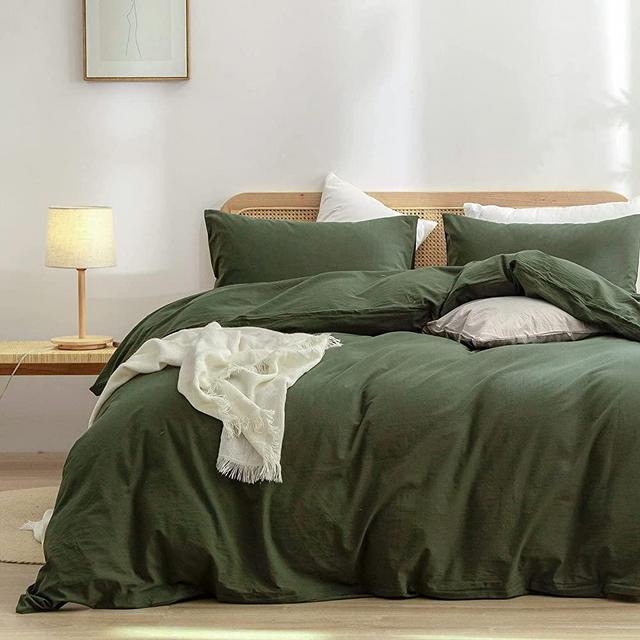 BESTOUCH Duvet Cover Set 100% Washed Cotton Linen Feel Super Soft Comfortable Chic Lightweight 3 PCs Home Bedding Set Solid Olive Green Cal King