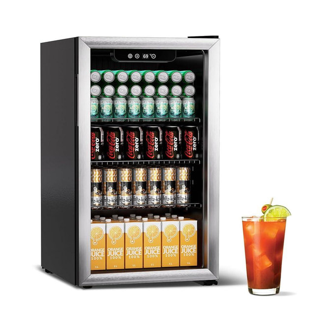 DOGHLY 3.0 Cu.ft Beverage Refrigerator Cooler, 105 Can Mini Fridge with Glass Reversible Door, Digital Temperature Display for Soda, Beer or Wine For Office Bar with Adjustable Removable Shelves