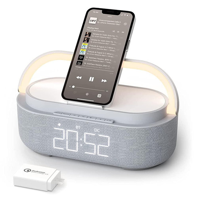 [2023 Newest] Bluetooth Speaker with Digital Alarm Clock, Wireless Charger, FM Clock Radio, Adjustable LED Night Light, Dual Wireless Speakers,2500mAh Battery for Bedroom,Home,Grey with Adaptor