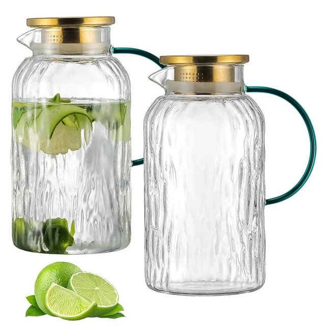 Buaic 2 PACK Glass Pitcher with Lid and Spout, 68 oz/2 Liter Water Pitcher for Fridge, Clear Borosilicate Glass Water Carafe for Cold Brew, Coffee, Lemonade, Iced Tea,Heat Resistant Water Glass Jug
