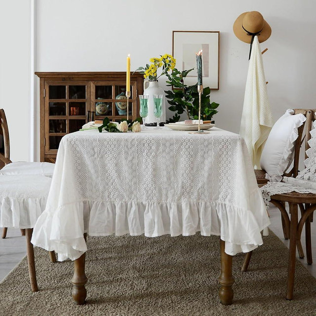 ARTMAGIC French White Cotton Tablecloth Ruffled Lace Embroidered Fabric Tablecloths Rustic Rectangular Washable Table Cover for Indoor Outdoor Home Holiday Banquet Party(52"x70", White Circle)
