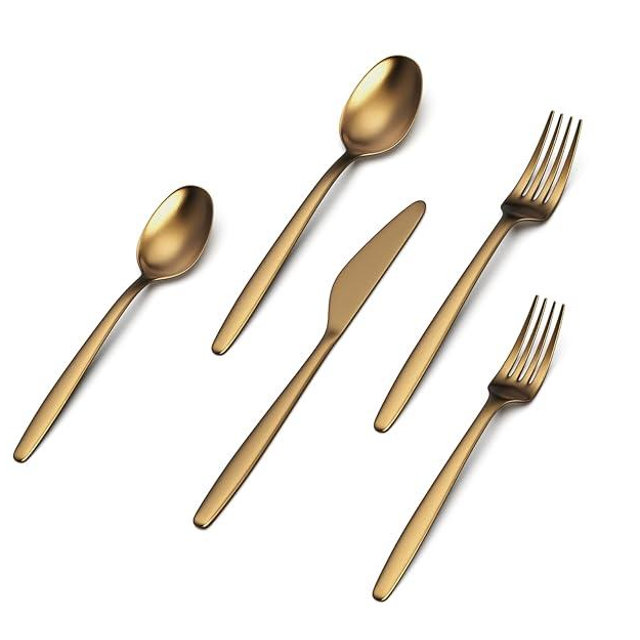JazzUpCo Tia Flatware non toxic 18/10 stainless steel dishwasher safe (Matte Gold, 4 Person Set (20 Pieces))