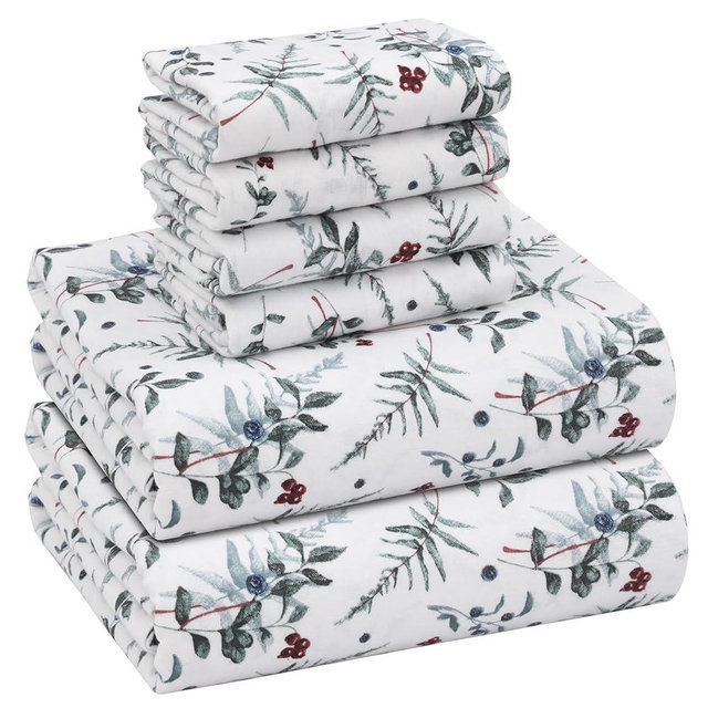RUVANTI Flannel Sheets 6 Pcs Sheet Set - 100% Cotton King Size Sheets Set, Double Brushed Bed Sheets, Deep Pockets 16 Inches King Sheets, All Seasons Breathable, Soft & Comfy, Christmas Attraction