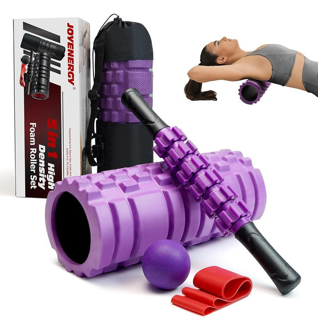 JOYENERGY 5 in 1 Foam Roller Set, Trigger Point Foam Roller Patented, Massage Roller Stick, Massage Ball, Stretching Strap for Deep Tissue Massager for Muscle Pilates Yoga Whole Body