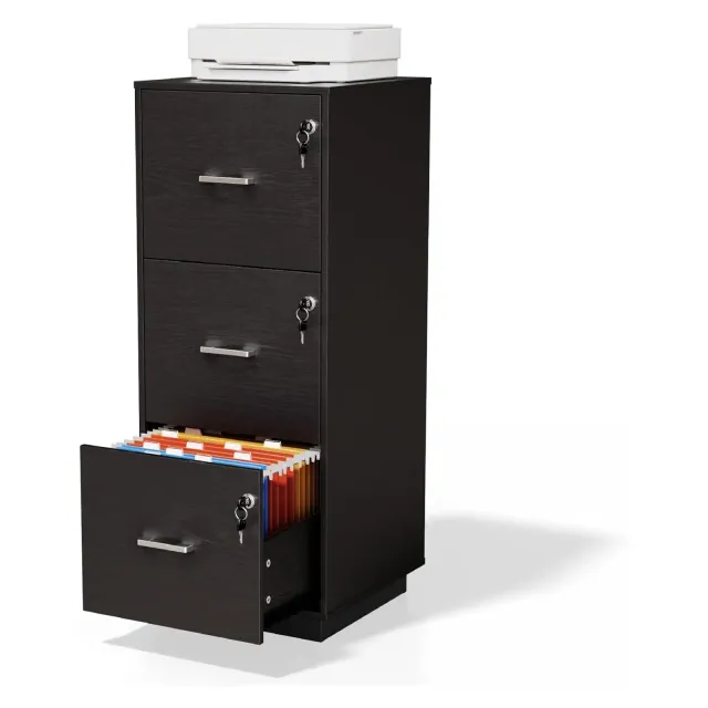 VINGLI 3 Drawer File Cabinet with Lock, for Letter File Folder Storage, Wood Tall Vertical Filing Cabinets Black